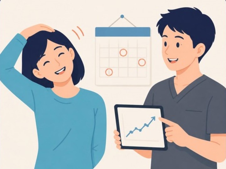 定期的に通院し経過を確認する女性と施術者のイラスト