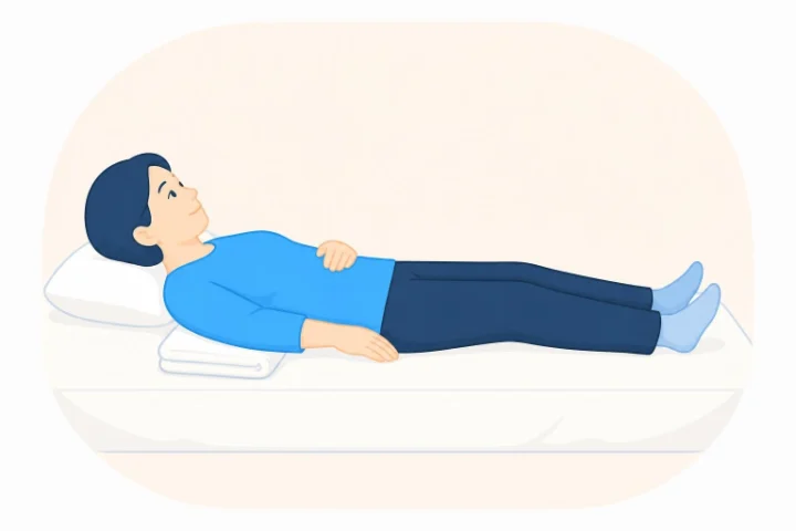 痛い側の腕の下にタオルを入れて仰向けで寝ている人のイラスト