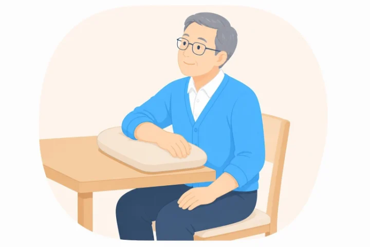 机の上のクッションに腕をのせて座っている人のイラスト