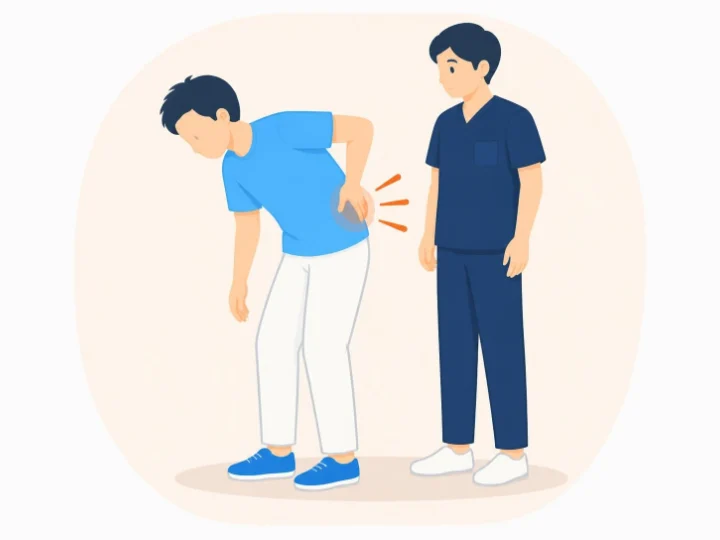 前かがみの動きで腰の痛みが出るかを施術者が確認するイラスト