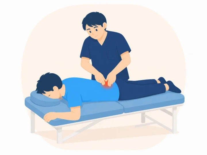 うつ伏せの患者の腰を押して痛む場所を確かめるイラスト