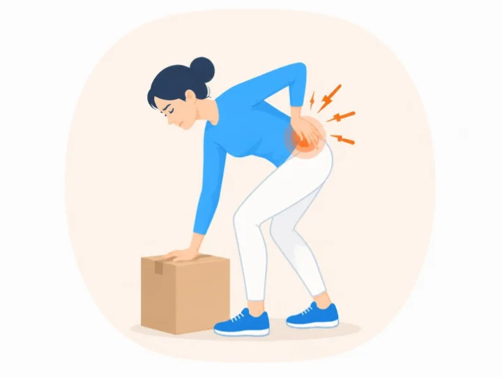 荷物を持ち上げようとして急に腰に強い痛みが走った女性のイラスト