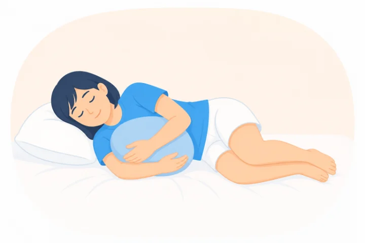 横向きに寝て、膝を軽く曲げてクッションを抱える女性のイラスト