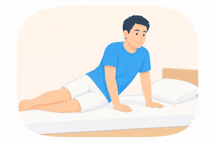 ベッドの上で横向きになり、手で体を支えながら起き上がる男性のイラスト