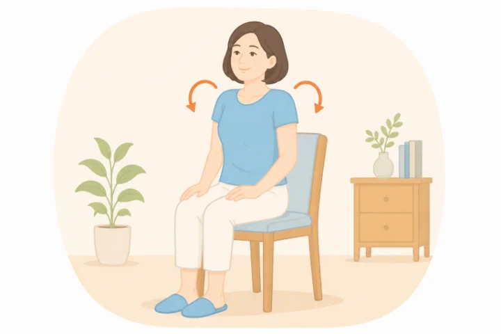 椅子に座って、両肩をゆっくり回す女性のイラスト