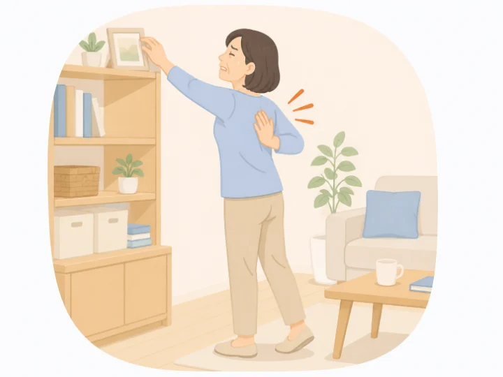 棚の物を取ろうとして、肩甲骨のあたりに急な痛みを感じた女性のイラスト