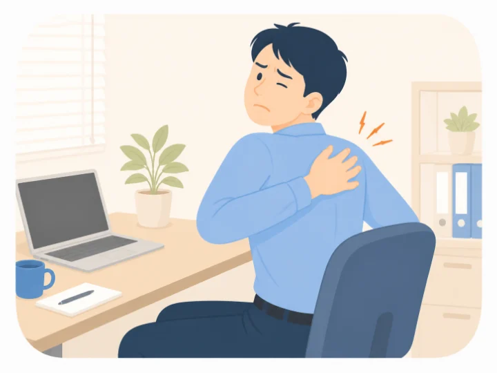 デスクで振り向いたときに、肩甲骨のあたりの痛みで顔をしかめる男性のイラスト