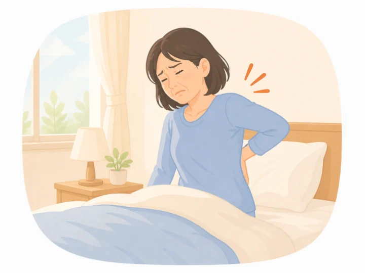 朝、ベッドから起き上がろうとして、背中の痛みに耐える女性のイラスト