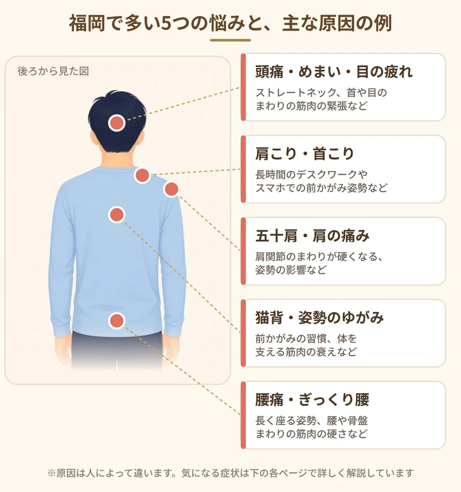 福岡で多い5つの悩み（頭痛・肩こり・五十肩・猫背・腰痛）と主な原因の例（後ろから見た図）