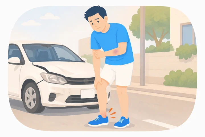 事故で前部が損傷した車のそばで足を気にする男性のイラスト