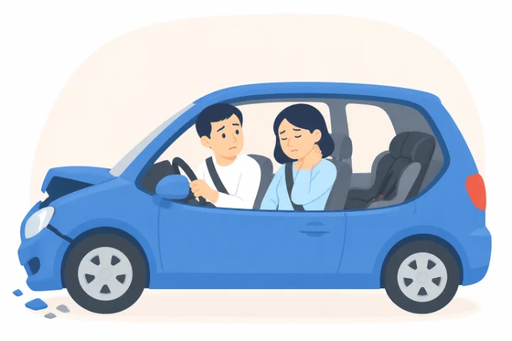 車の助手席で首を押さえる同乗者の女性のイラスト