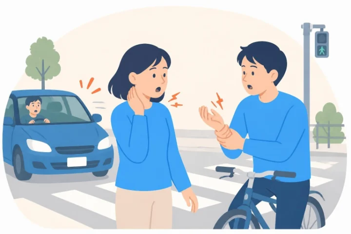 横断歩道で首を押さえる歩行者の女性と手首を痛めた自転車の男性のイラスト