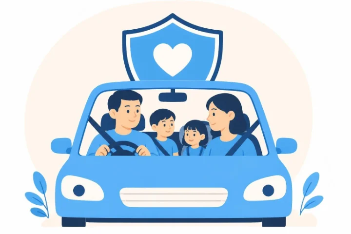 家族が乗った車を守る盾のイラスト