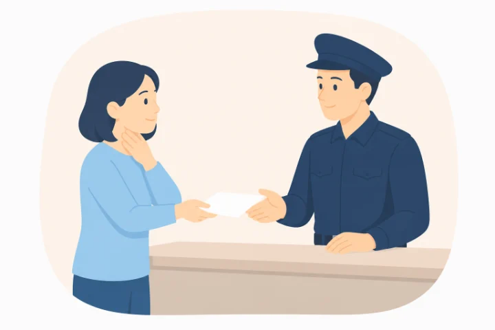 警察署の窓口で診断書を提出する女性のイラスト