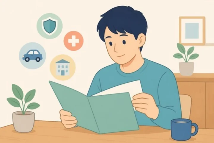 保険証券を見ながら使える補償を確認する男性のイラスト