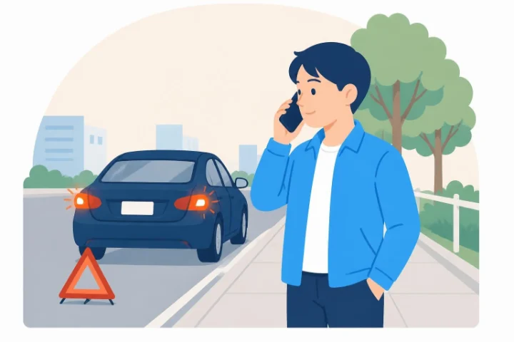 事故のあと歩道で電話をかける男性のイラスト