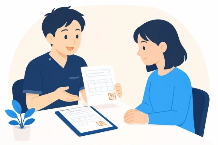 整骨院のスタッフが保険の書類を見ながら説明しているイラスト