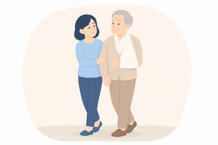 腕をつった高齢の男性に付き添って歩く家族のイラスト