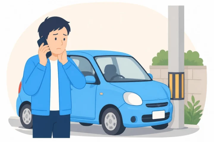 自損事故のあと、道路わきで電話をかける男性のイラスト
