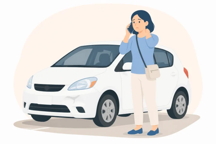車のそばで電話をしながら首を押さえる女性のイラスト