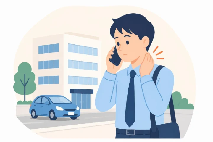 通勤中に首を押さえながら勤務先へ電話で報告する男性のイラスト