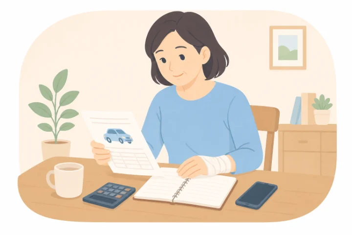 自宅のテーブルで保険の書類を確認する女性のイラスト