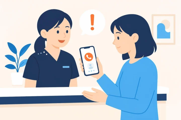 保険会社からの連絡について整骨院のスタッフに相談する女性のイラスト