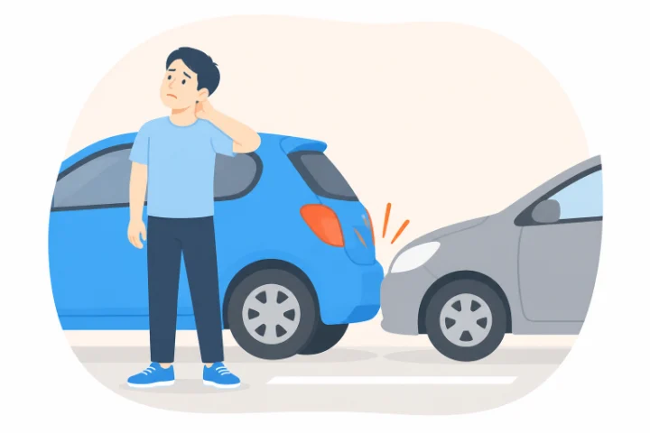 後ろから接触された車の横で首を押さえる男性のイラスト