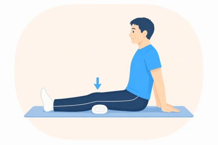 脚を伸ばして座り、膝の下のタオルを押しつぶす男性のイラスト