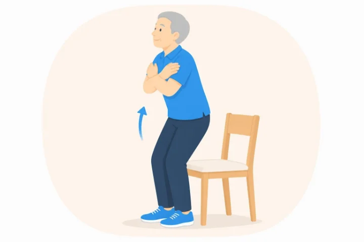 腕を組み、膝の向きに気をつけて椅子から立ち上がる男性のイラスト