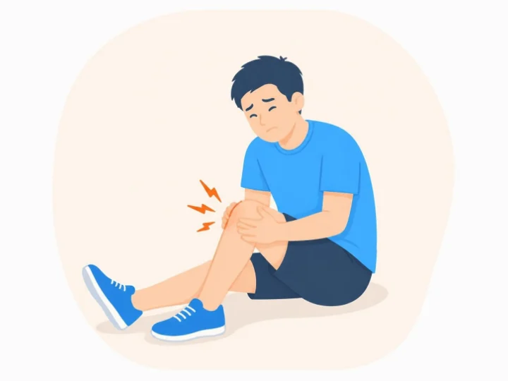 膝の内側を両手で押さえて痛がっている男性のイラスト