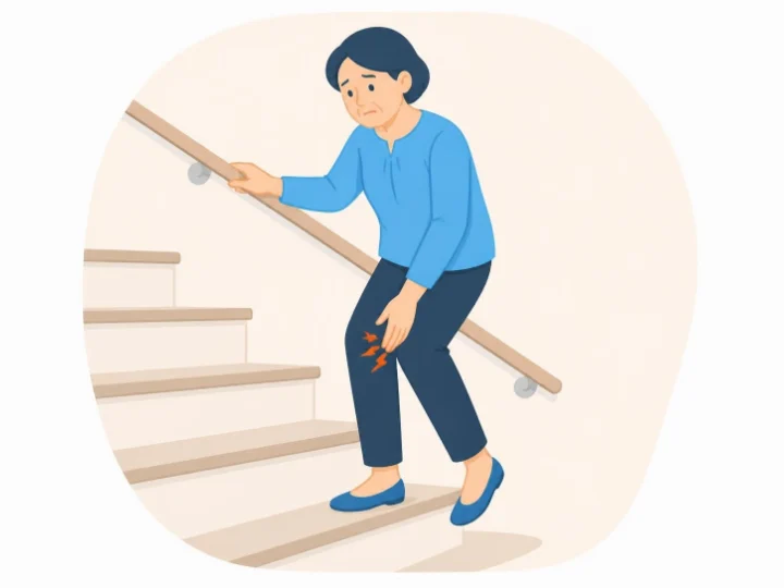 手すりを持って階段を下りながら膝の内側を押さえる女性のイラスト