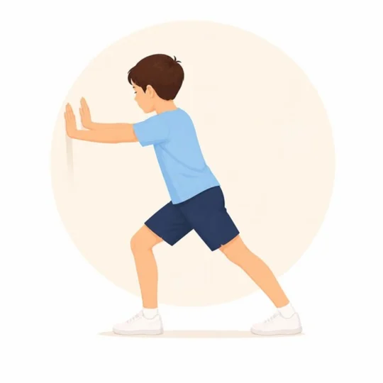 ふくらはぎのストレッチ：壁に両手をつき、後ろ脚のひざを伸ばしてかかとを床につける子どものイラスト