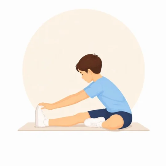 太もも裏のストレッチ：床に座って片脚を伸ばし、つま先に向かって体を前に倒す子どものイラスト