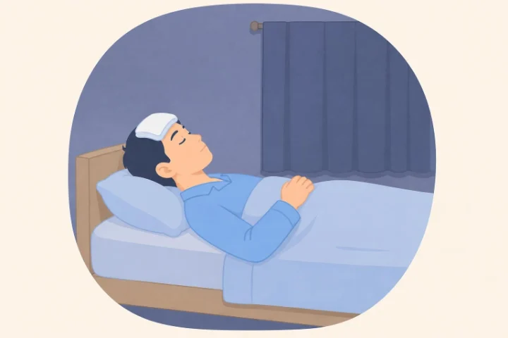 暗く静かな部屋で横になり、額を冷やして休んでいる人のイラスト