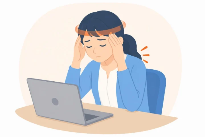 デスクワーク中に頭の両側を押さえてつらそうにしている人のイラスト