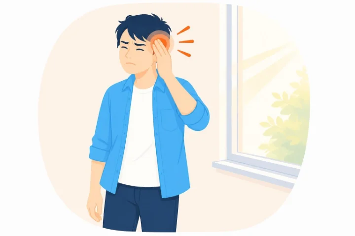 明るい窓から顔をそむけ、片側のこめかみを押さえている人のイラスト