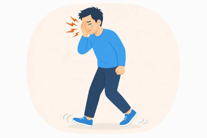 片方の目のあたりを手で押さえ、うつむいて強い痛みに耐えている人のイラスト