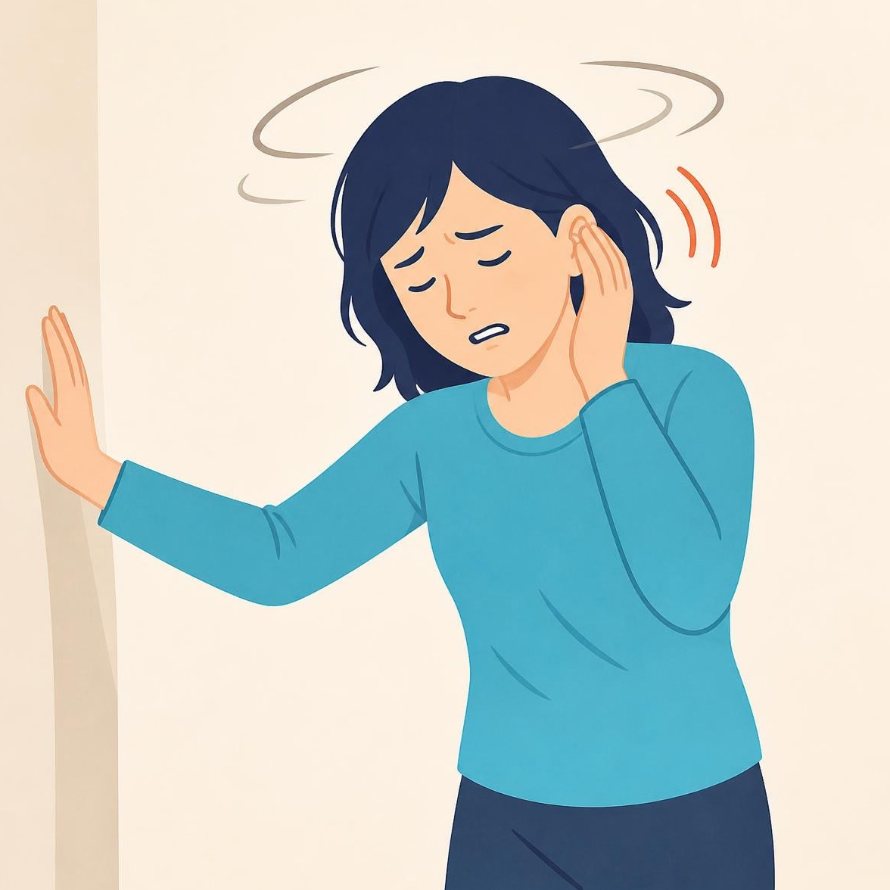 耳を押さえてめまいやふらつきを感じるイラスト
