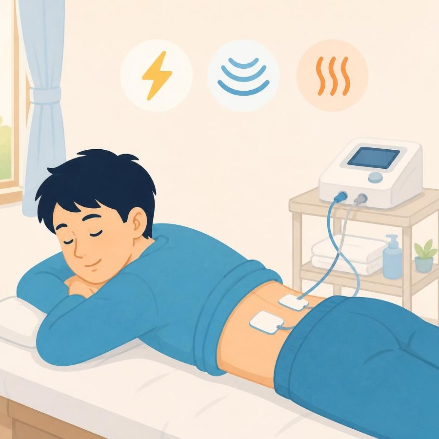 電気・超音波・温熱などの刺激を利用する物理療法のイラスト