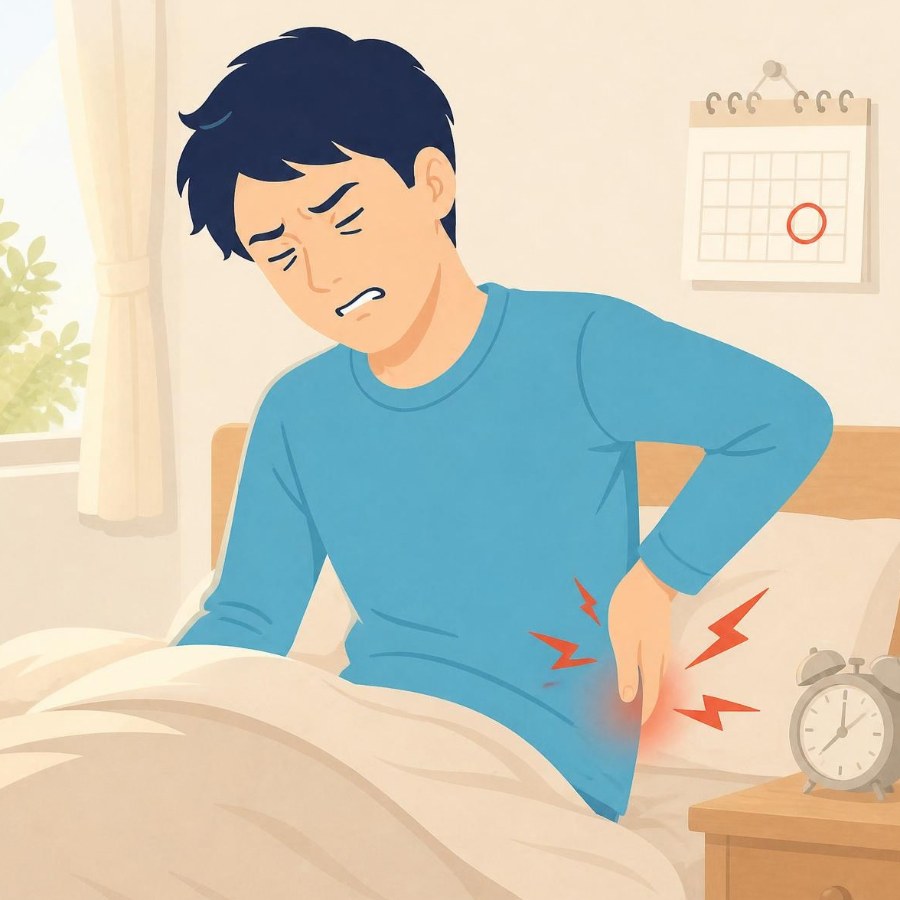 事故の翌日以降に腰や首の痛みに気づく人のイラスト