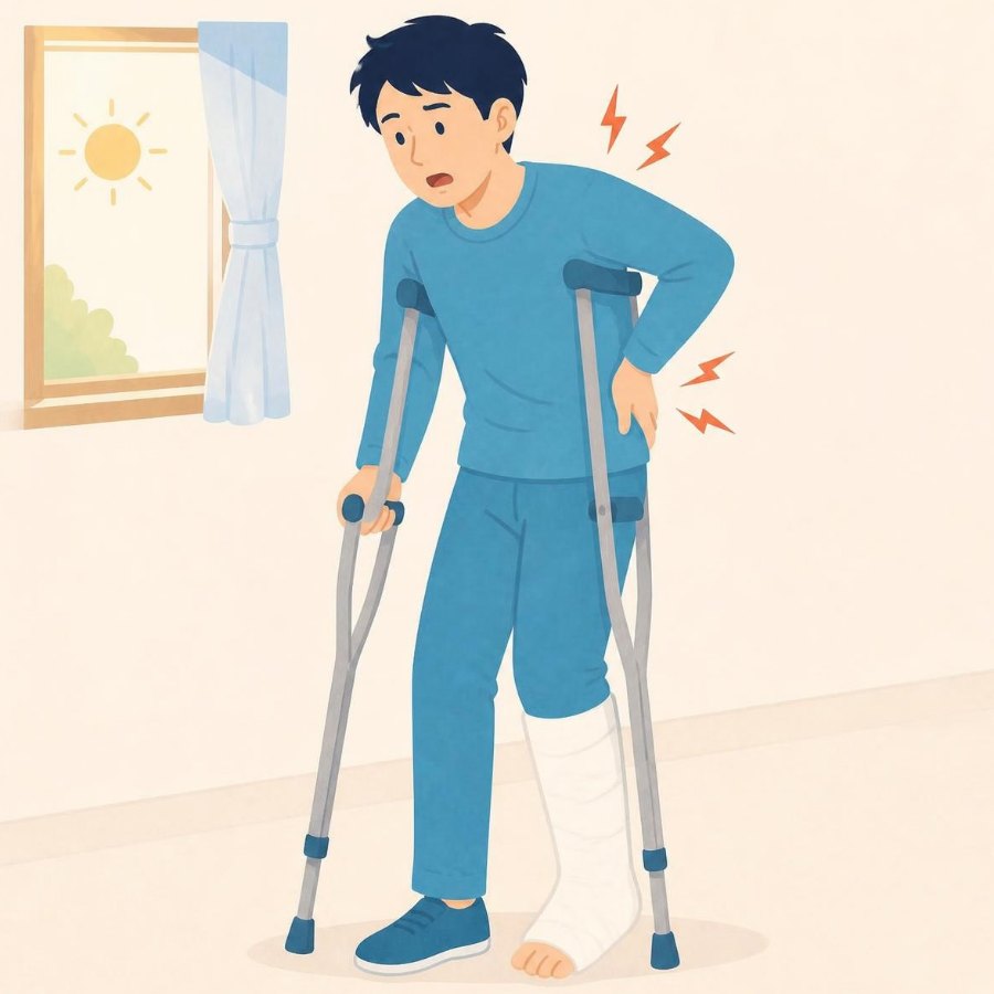 松葉杖とギプスで肩や腰に負担がかかっているイラスト