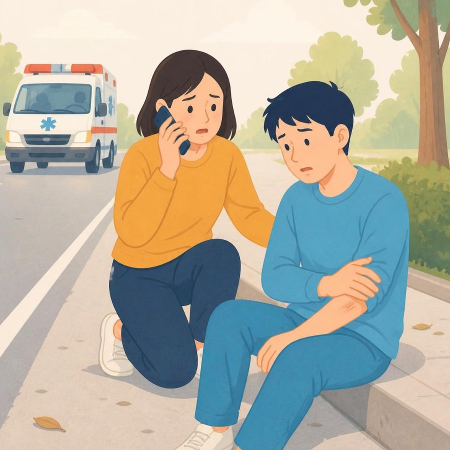 患部を動かさずに救急車を待つイラスト