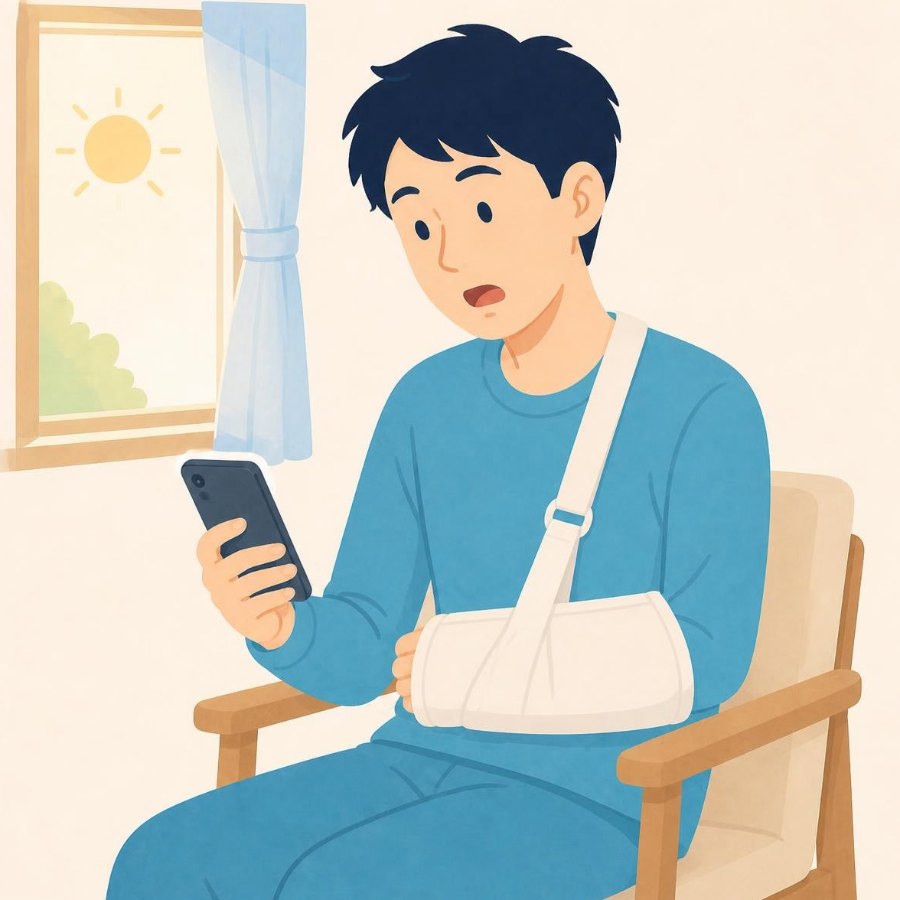腕を吊って不安そうにしているイラスト