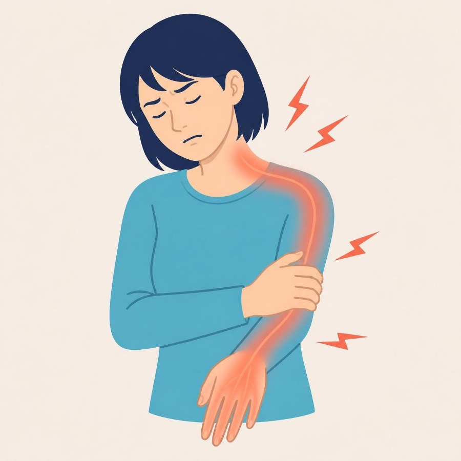 首から腕・指先にかけて痛みやしびれが広がる様子のイラスト