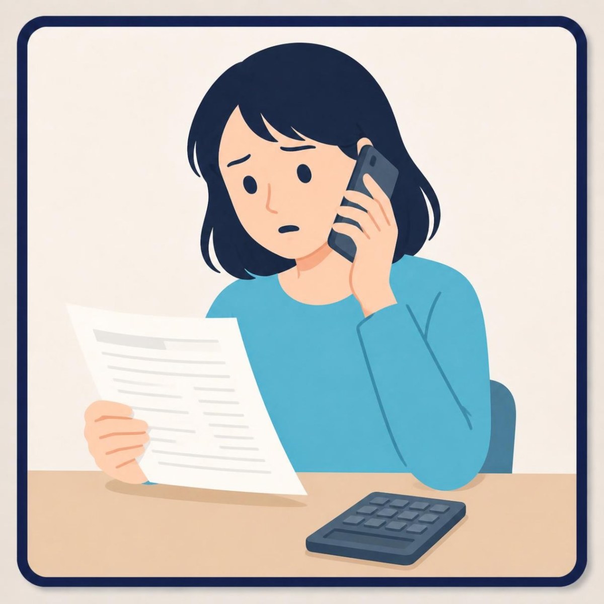 書類を見ながら電話で相談する女性のイラスト
