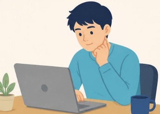 デスクワークで画面と椅子の位置を見直すイラスト