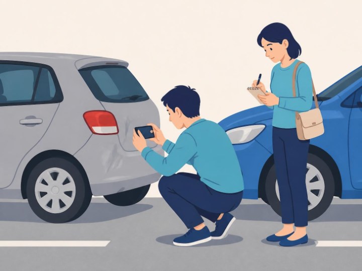 車の損傷をスマートフォンで撮影し、事故状況を記録するイラスト
